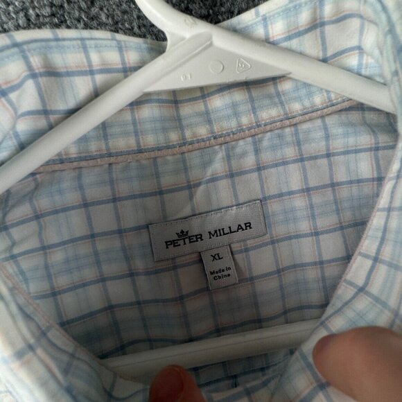 Peter Millar Men Button Up Shirt Long Sleeve XL Blue Orange Check Cotton Adult - Picture 7 of 14